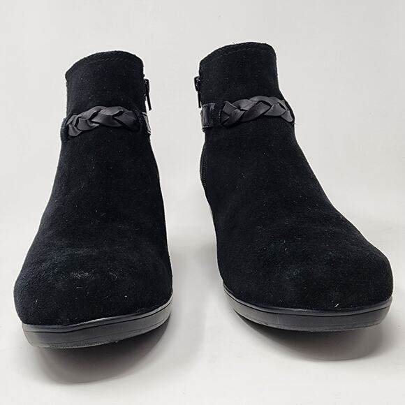 Clarks Booties Women 11 Wide Bendables Black Suede Stack Heel Braided Band 68728 - Picture 4 of 10